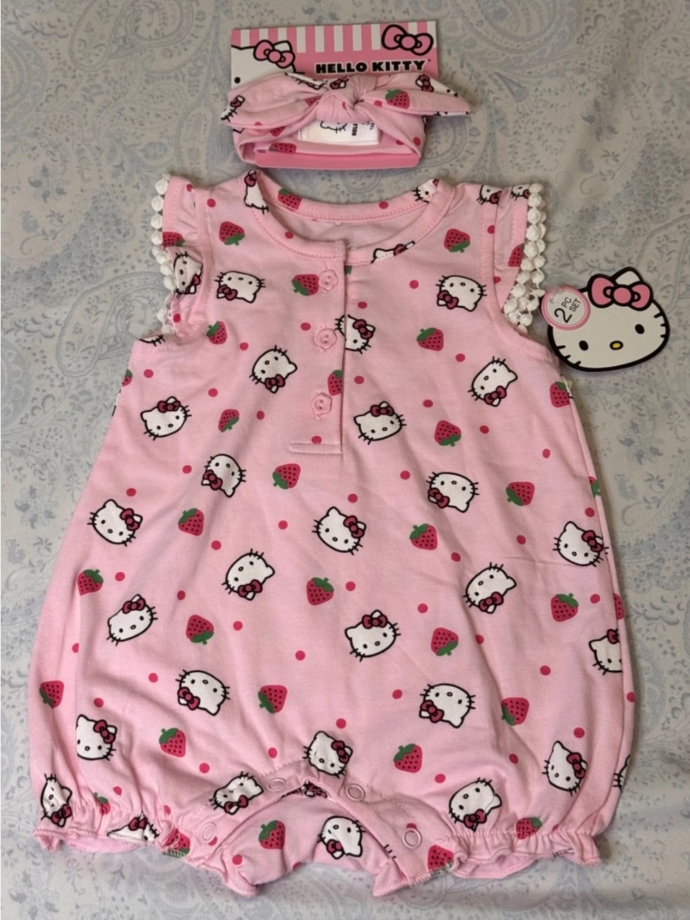 Hello Kitty Pink Strawberry Print Baby Girls' Pajama Romper with Headband
